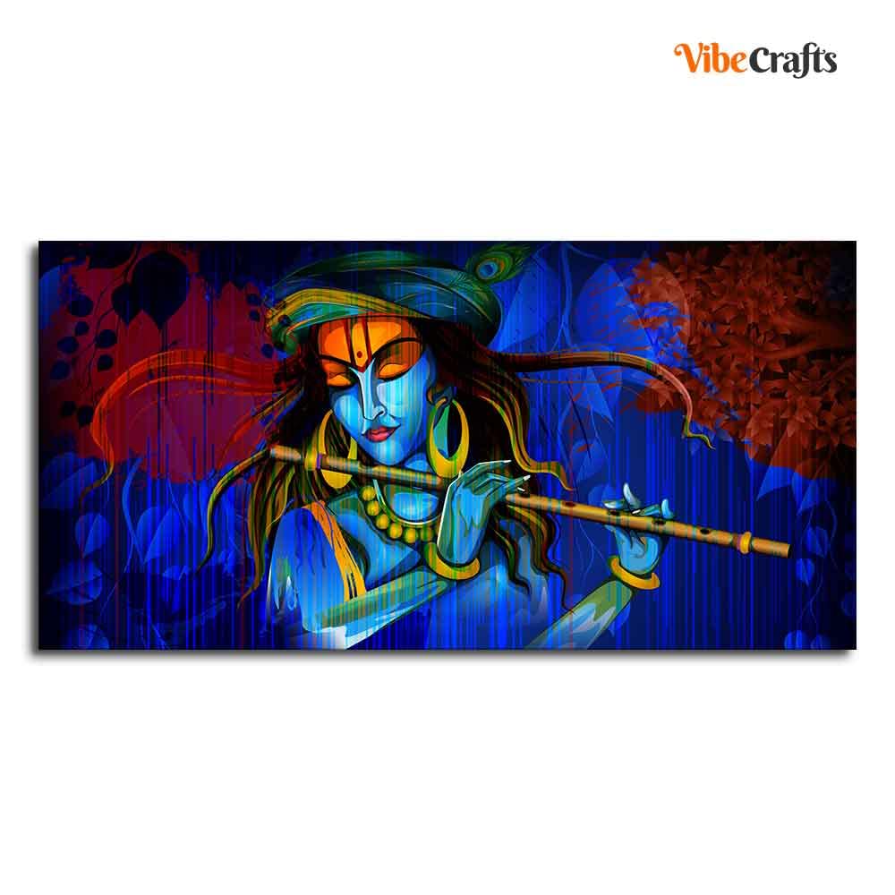 VIBECRAFTS Homcraft Canvas Paintings for Living Room Drawing Room Krishna Playing Flute Canvas Wall Painting Fitted With Wooden Frame For Home | Office | Living Room | Gifts (PTVCH_2530)