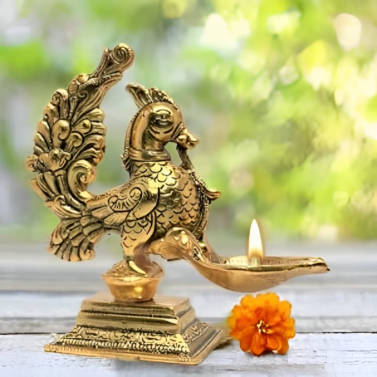 KridayKraft annapakshi deepam Set of 2 pca Metal Handmade with Curved Oil Lamp Antique Peacock Deepak for Home Decor Temple Puja Office Counter Diwali Decoration Festival Gift (Light)