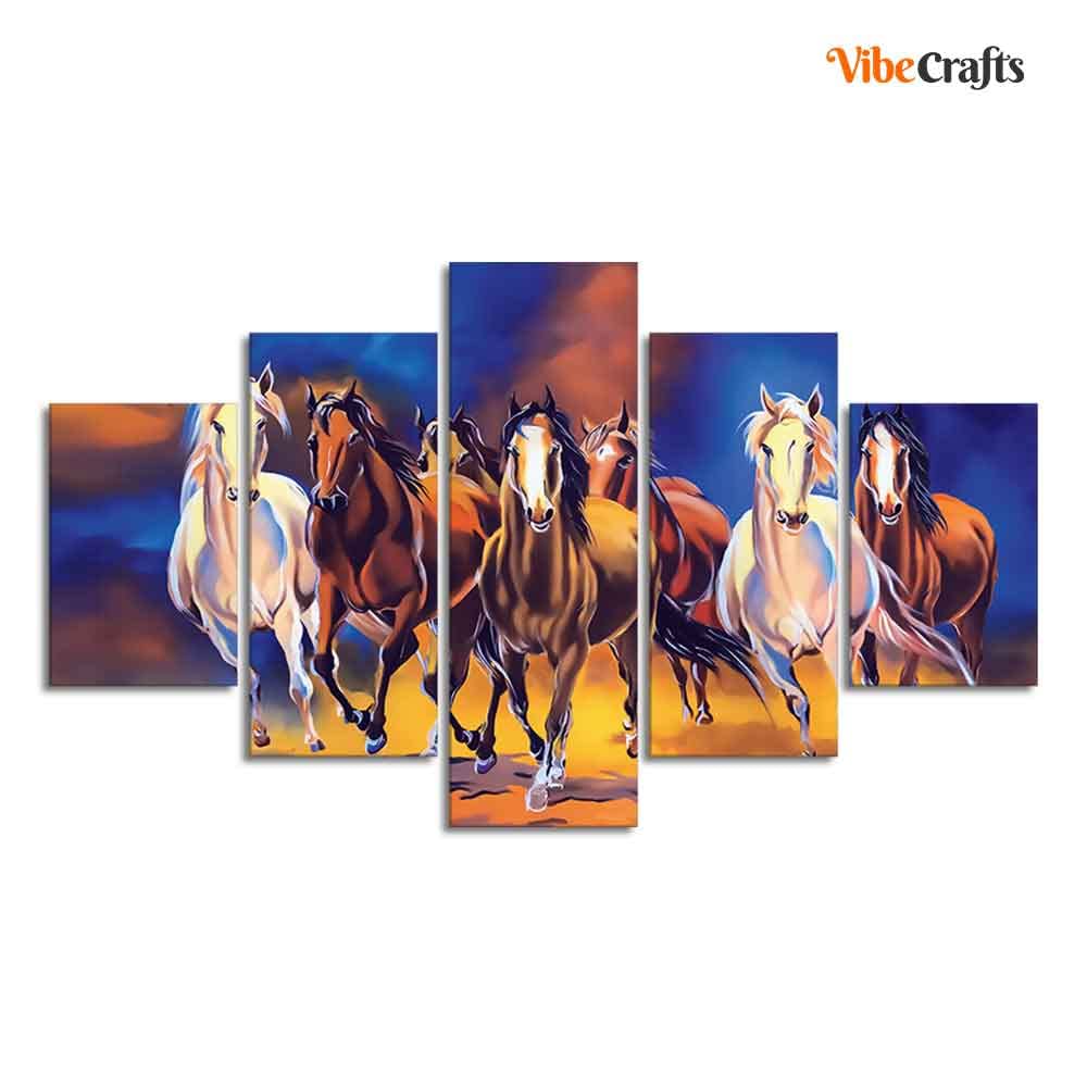 VIBECRAFTS Seven Horses Five Pieces Premium Canvas Wall Painting For Home|Office|Living Room|Gift (PTVC5Pcs1_5528)