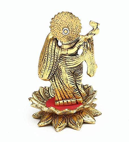 KridayKraft Gold Plated Radha Krishna Idol Standing on Lotus Flower – Flute-Playing Divine Couple Showpiece for Home Decor, Pooja Room, and Gifting