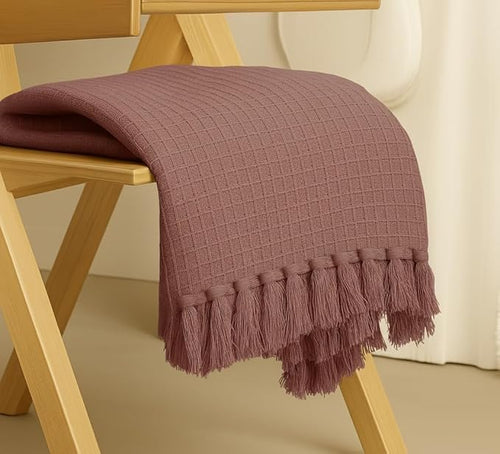 24x7 Home Store Decorative Sofa Throw Blanket with Tassel Fringe, Boho Style, Cream and Navy (Onion, Check Throw) Kafalo