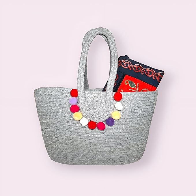 BEAUTIFUL HOMMIES Attractive Hand Bag |large Tote Bag |Summer Bag | Bucket Bag | Basket Bag | Bamboo Tote | Beach Bags for Women|Boho Bag|Handbag |Jute Bag |Handmade Bag (GREY POM POM)