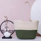 BEAUTIFUL HOMMIES Attractive Hand Bag |large Tote Bag |Summer Bag | Bucket Bag | Basket Bag | Bamboo Tote | Beach Bags for Women|Boho Bag|Handbag |Jute Bag |Handmade Bag (GREEN WHITE)