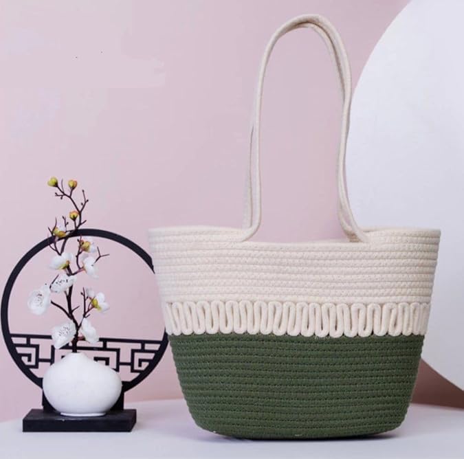 BEAUTIFUL HOMMIES Attractive Hand Bag |large Tote Bag |Summer Bag | Bucket Bag | Basket Bag | Bamboo Tote | Beach Bags for Women|Boho Bag|Handbag |Jute Bag |Handmade Bag (GREEN WHITE)