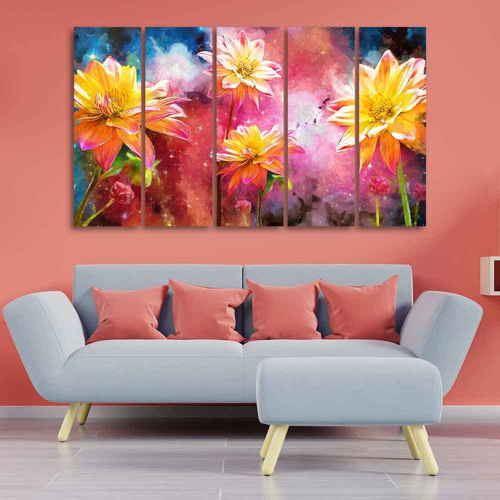 VIBECRAFTS Yellow Flower Canvas Wall Painting of Five Pieces For Home|Office|Living Room|Gift (PTVC5Pcs4_8664)
