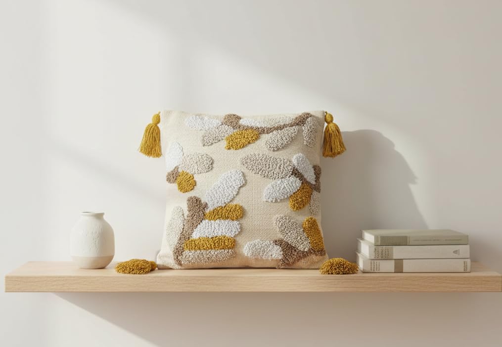 Furnistitchs Handmade Tufted Boho Cushion Covers 12x12 Inches | Embroidered Sofa Pillow Cases | Rustic Bohemian Decorative Throw Cushions for Couch Bedroom Living Room (1, Yellow Leaves)