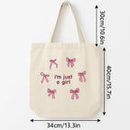 FUNKYFINDS “I’m Just a Girl” Cute Pink Bow Embroidery Tote Bag for Women – Aesthetic Canvas Shoulder Bag for Daily Use, Shopping, College & Travel, Office & Casual Outings