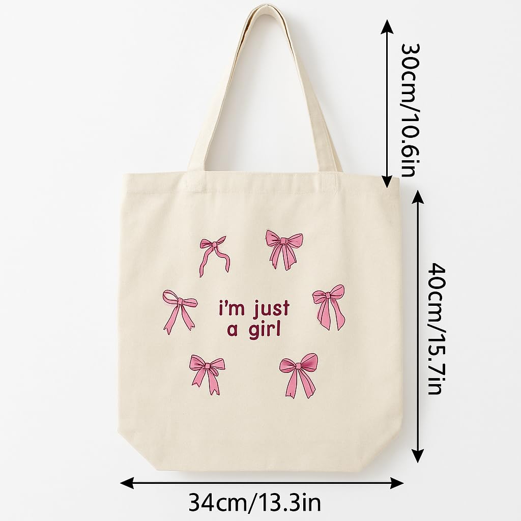 FUNKYFINDS “I’m Just a Girl” Cute Pink Bow Embroidery Tote Bag for Women – Aesthetic Canvas Shoulder Bag for Daily Use, Shopping, College & Travel, Office & Casual Outings