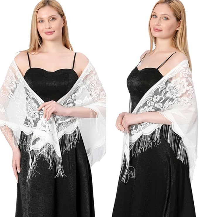 Alexvyan Floral Design Triangle Lace Stole and Wraps for Evening Dresses with Tassels for Evening Party Mesh Wedding Shawls for Summer