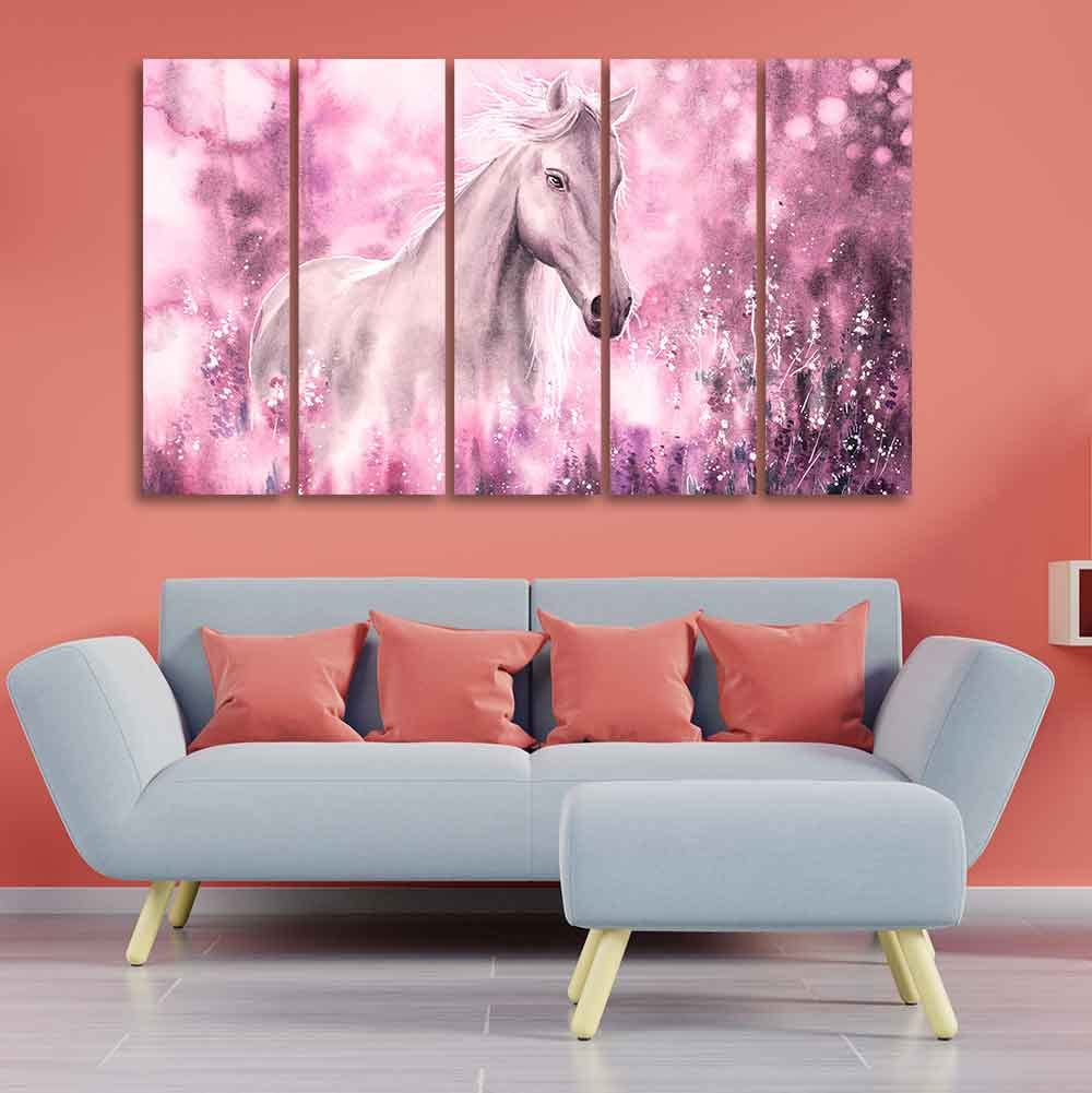 VIBECRAFTS Beautiful White Horse 5 Pieces Canvas Wall Painting For Home | Office | Living Room | Gift (PTVC5Pcs4_8544)