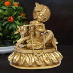 ARTVARKO Brass Krishna with Cow Playing Flute Sitting on Lotus Idol (Standard Size, Height 8.5 Inches)