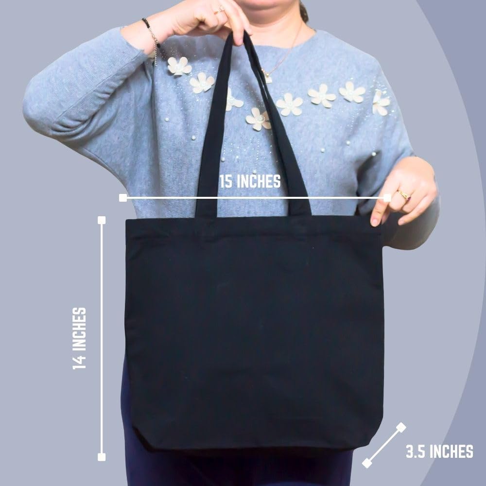Plain Natural/Black Horizontal Cotton Canvas Tote Bag Zip & Inner Pocket