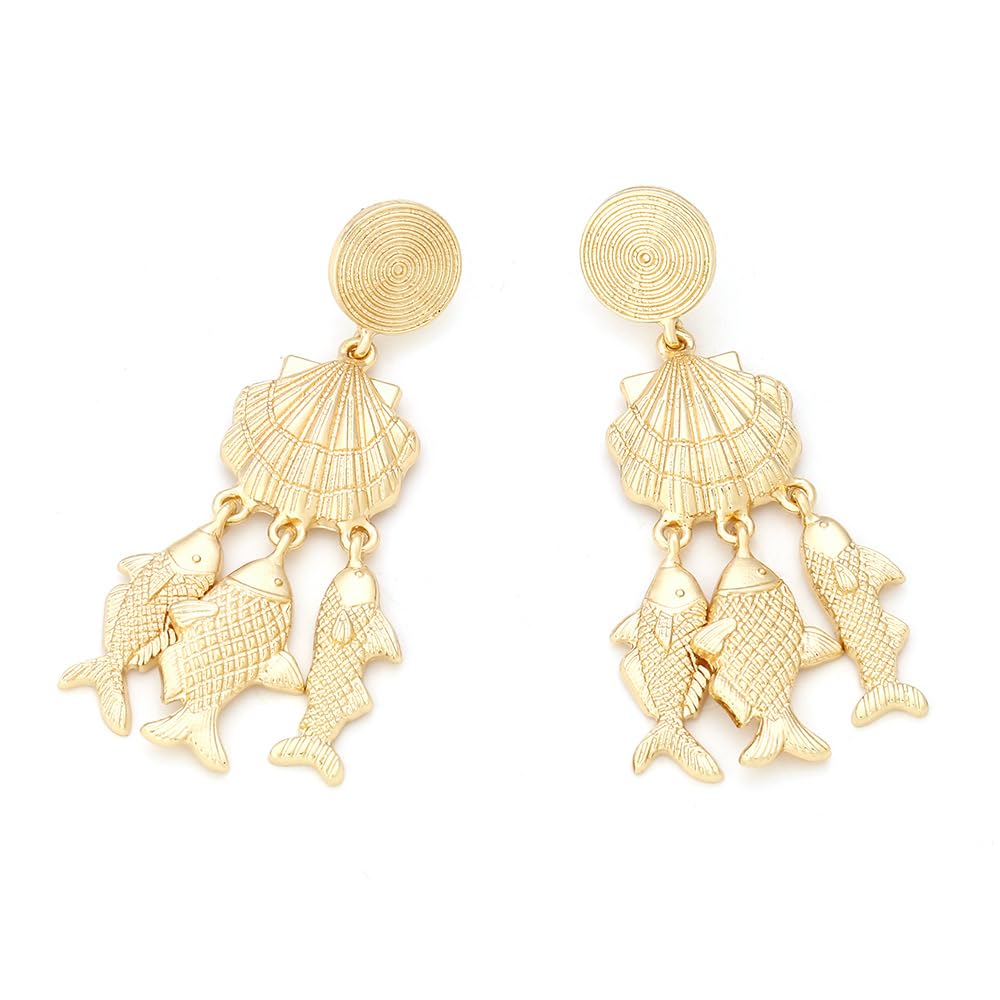 FTK® Conch Shell & Fish Pendant Earrings – Ocean-Inspired Metal Jewelry