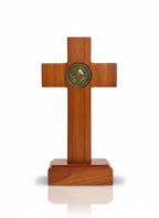 Wooden Standing Cross with Golden Jesus Crucifix and St. Benedict Medal, Brown Wood with Base, 6cm width x 11 cm Height