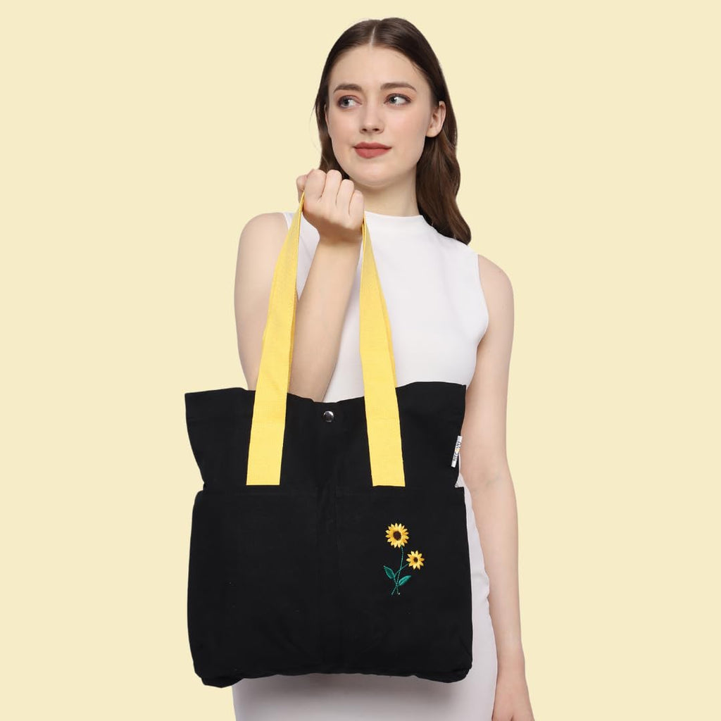 NECAVU Canvas Tote Bag for Women | Aesthetic Canvas College Bag for Girls with Inner & Outer Pockets | Cotton Utility Women Handbags for Shopping, Travel & Daily Use | (Black, Yellow Handle)