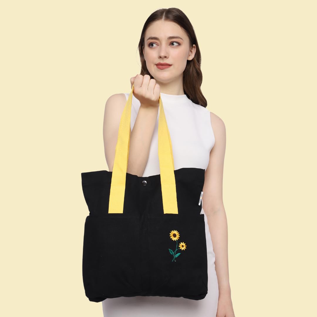 NECAVU Canvas Tote Bag for Women | Aesthetic Canvas College Bag for Girls with Inner & Outer Pockets | Cotton Utility Women Handbags for Shopping, Travel & Daily Use | (Black, Yellow Handle)