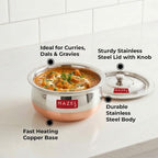 HAZEL Copper Bottom Handi Small 850 ml with Lid | Stainless Steel Cookware Handi | Copper Bottom Vessels for Cooking | Steel Utensils for Kitchen | Small Steel Vessels for Cooking