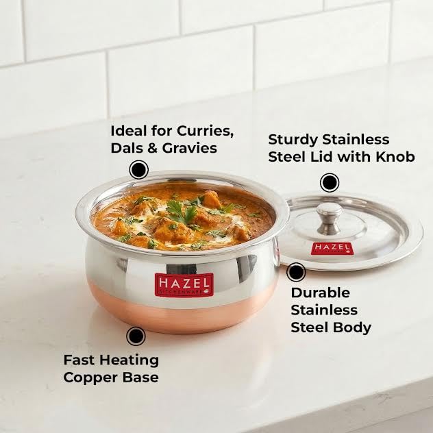 HAZEL Copper Bottom Handi Small 850 ml with Lid | Stainless Steel Cookware Handi | Copper Bottom Vessels for Cooking | Steel Utensils for Kitchen | Small Steel Vessels for Cooking