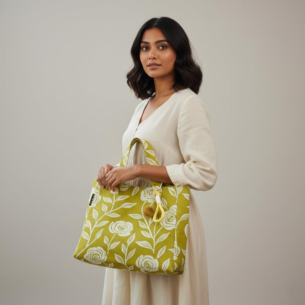 ENSAC Floral Print Tote Bag for Women Stylish Office bag & Canvas Travel Handbag Shopper and Shoulder Bag Lightweight Handbag with Multi Compartment Travel, Office, Gym & Daily Use