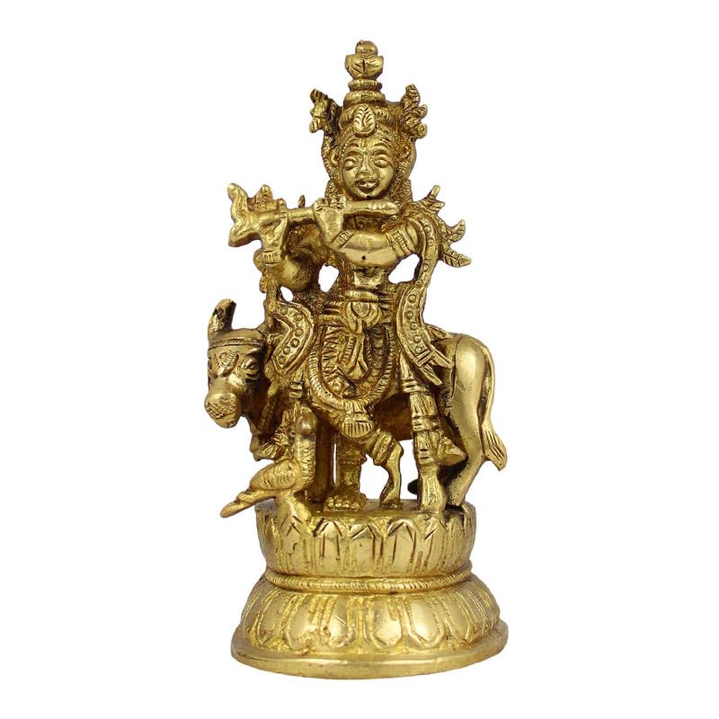 SVARUP Brass Krishna Bhagwan Idol with Gau MATA in Gold Color Height 4.5 Inch