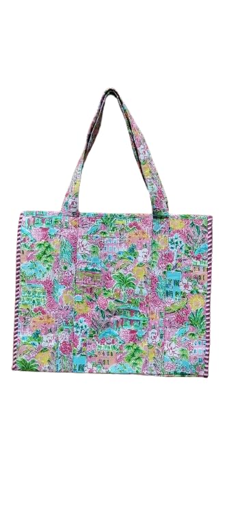 HOUSE OF GULAB Multicolor Cotton Tote Bag Reusable Shopping Bag Printed Canvas Cloth Carry Bag with Long Handle for Women & Men Eco Friendly Grocery Storage Travel Bag 15x18 Inch (Multi Colour)