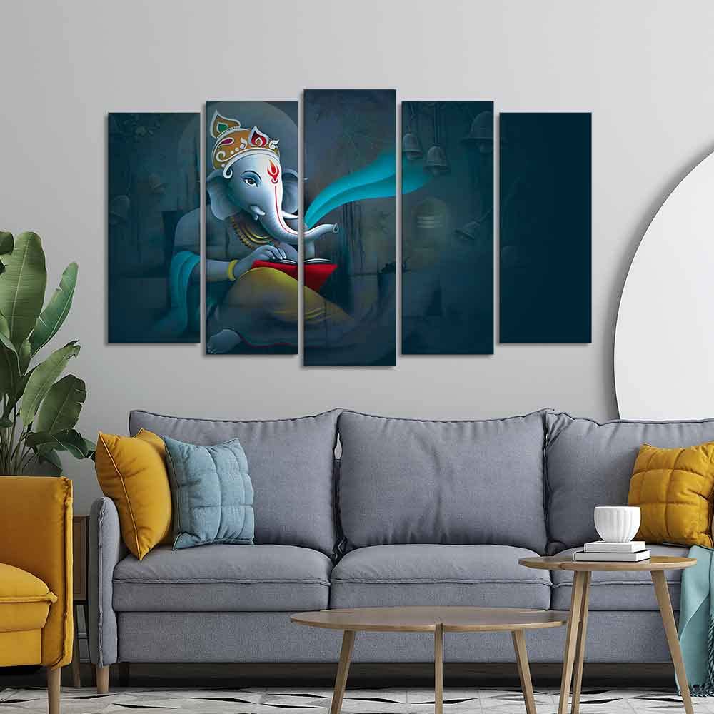 VIBECRAFTS Auspicious Shri Ganpati Canvas Wall Painting of Five Pieces For Home|Office|Living Room|Gift (PTVC5Pcs2_6541)