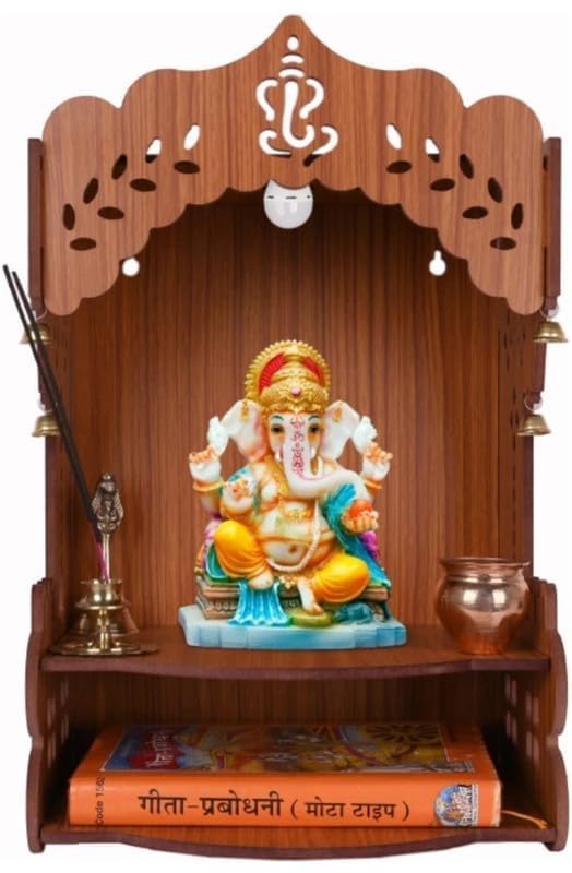 Wooden Temple for Home – Wall Mounted Pooja Mandir | Decorative Prayer Shelf with Storage | Engineered MDF Wood | Compact 9x9x14 Inch (Style -1)