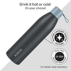 Borosil Hydra 750ml Duomate Black Stainless Steel Bottle | 24 Hours Hot and Cold Double Wall Vacuum Insulated with Copper Coating | 1 Year Warranty