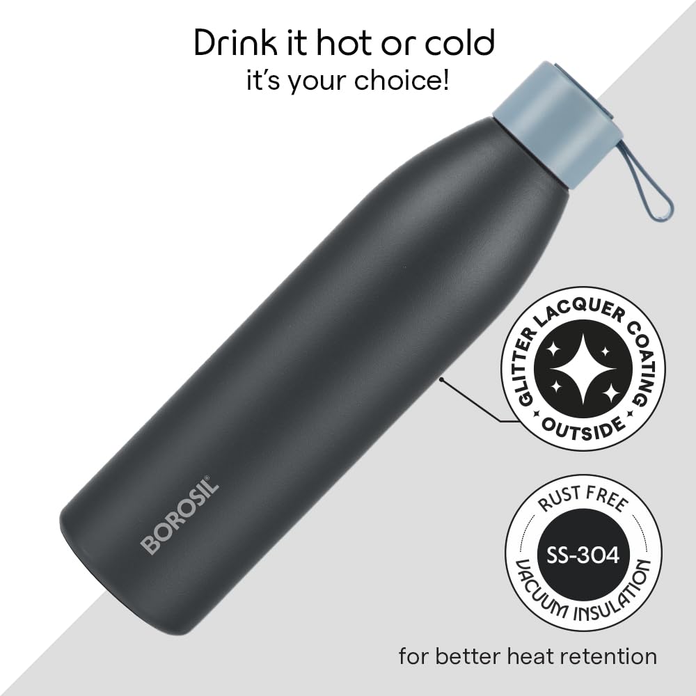Borosil Hydra 750ml Duomate Black Stainless Steel Bottle | 24 Hours Hot and Cold Double Wall Vacuum Insulated with Copper Coating | 1 Year Warranty