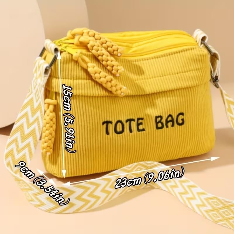 Street27 Women’s Premium Corduroy Tote Bag with Adjustable Wide Strap, Multi-Pocket Crossbody & Shoulder Handbag, Lightweight Everyday Carry with Secure Zipper Closure | (Yellow)