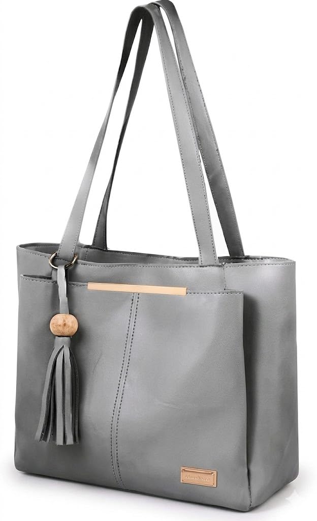 PAVILONN Women Tote Bag Ladies Handbag Shoulder Office Shopping Work Laptop PU Leather Brown Travel College Daily Use Designer Large Stylish Fashion Zipper Commuter Gift (GREY 1)