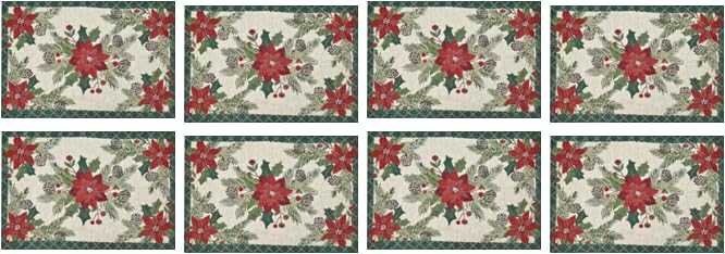 PRAKARTIK BY INDUARTS Red Flower Green Border Christmas Eco-Friendly Cotton Dining Rectangular Table mats - Reusable, Machine Washable, Everyday Use Red & Green Placemats, Set of 8 (33x47 cm) Kafalo