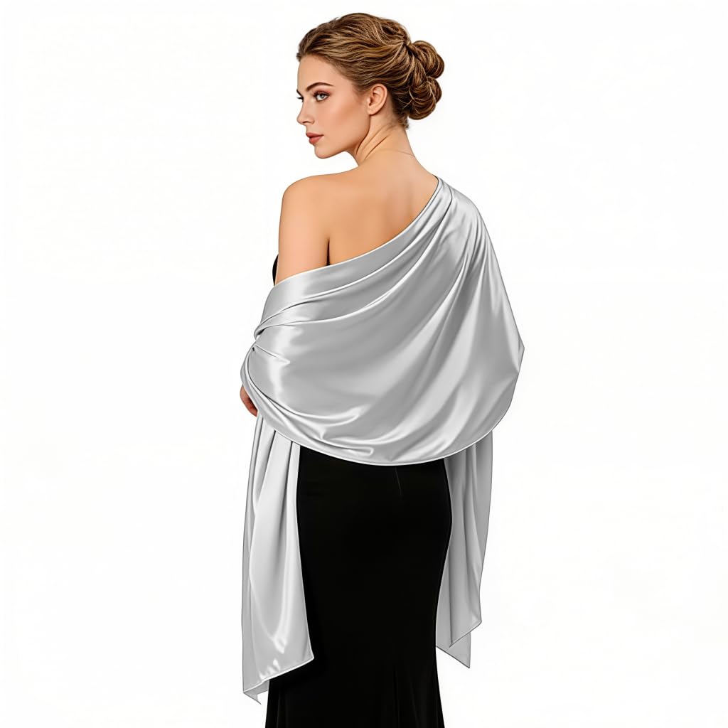 SANNIDHI Satin Stole for Women Champagne Silver Elegant 78x27inch