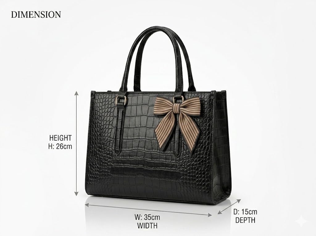 Pavilonn Women Handbag PU Leather Tote Purse Stylish Shoulder Office Bag Black Structured Croco Pattern Ladies Fashion Shopping Handbag Daily Use College Gift (BLACK)