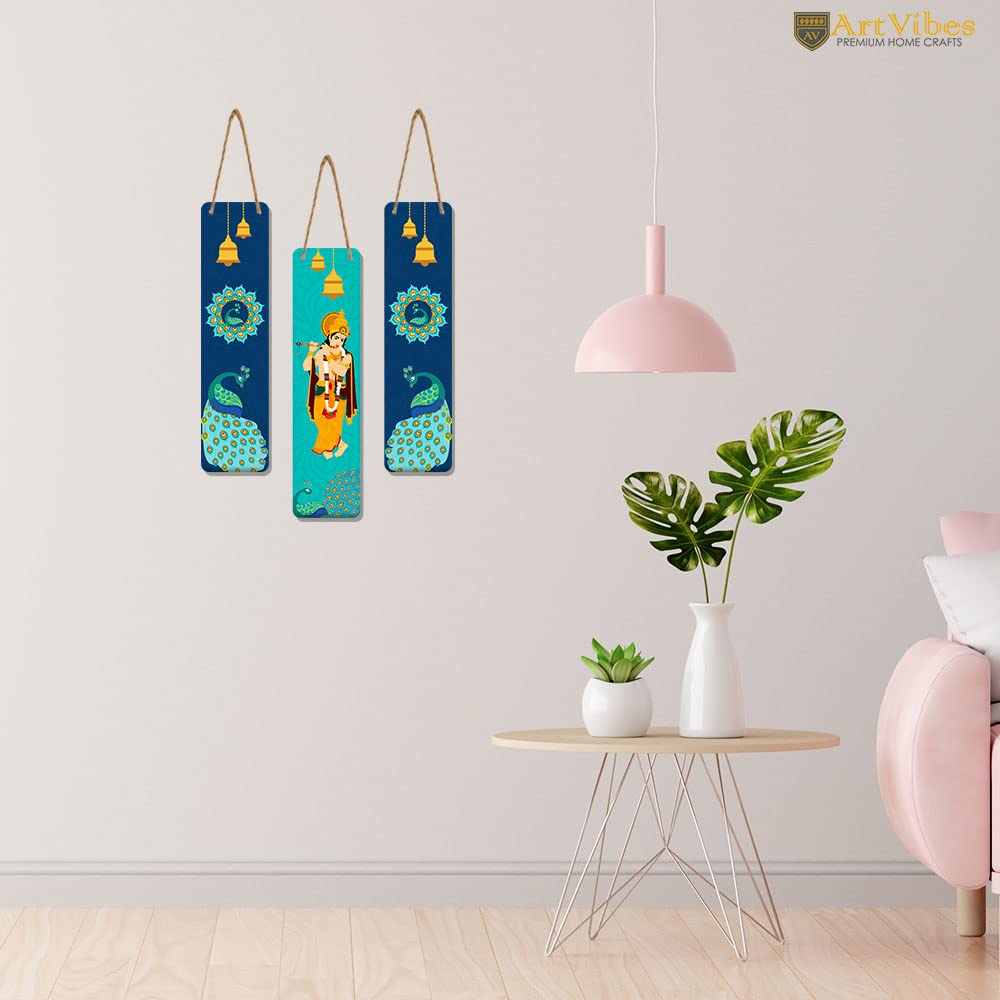 Artvibes Shri Krishna Wooden Wall Hanger for Home Decoation | Properity | Spiritual Decor Items | Handcrafted Art | Wall Poster | Artwork| Stylish Modern Decor Item | Gift Items (WH_8110N), Set of 3