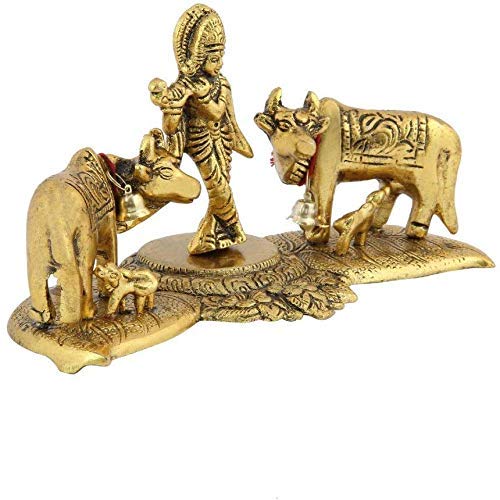 Prince Home Decor & Gifts Cow Pair with Krishna Standing Home Decor Luck Holy with Calf Statue Spiritual Showpiece (Multicolour)