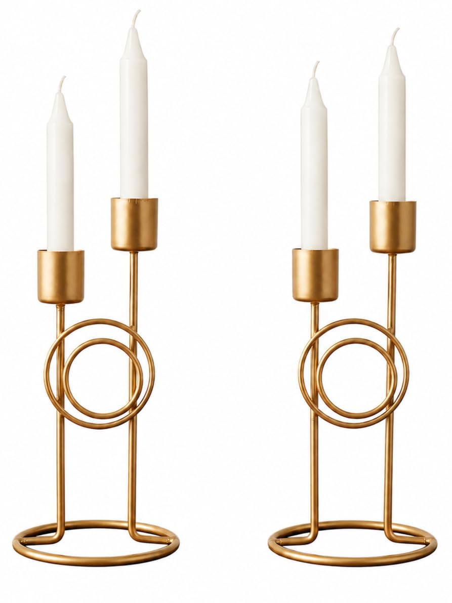Modern Iron Double Candle Holder Set of 2 – Gold Metal Decorative Candle Stand for Home Decor, Table Centerpiece for Living Room Dining Table Bedroom (6.5 x 3.25 Inches) – Candles are not Included