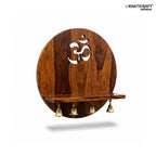 KHATICRAFT Nava 100% Solid Sheesham Wood Wall Mounted Temple for Home | Wooden Pooja Mandir with Om Design, 4 Brass Bells & Prayer Shelf | Honey Finish