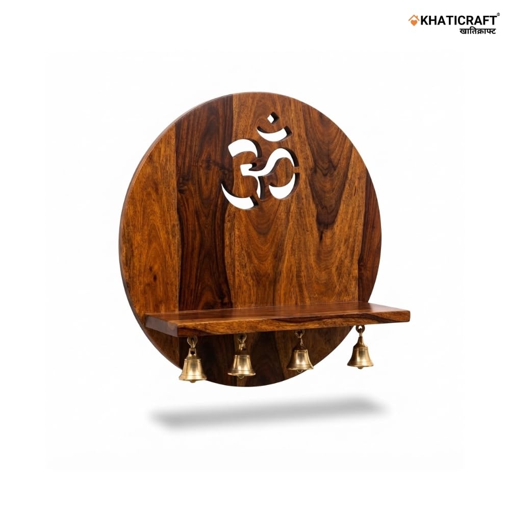 KHATICRAFT Nava 100% Solid Sheesham Wood Wall Mounted Temple for Home | Wooden Pooja Mandir with Om Design, 4 Brass Bells & Prayer Shelf | Honey Finish