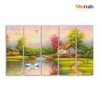 VIBECRAFTS A Beautiful Scenery of Old Houses Canvas Wall Painting of Five Pieces For Home|Office|Living Room|Gift (PTVC5Pcs4_8681)