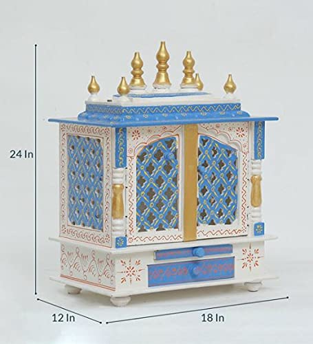 Jodhpur Handicrafts MDF Wood Home Temple Puja Mandir Home Temple Pooja Mandir with Door Pooja Room Stand (18 inch x 12 inch x 24 inch, White & Blue)