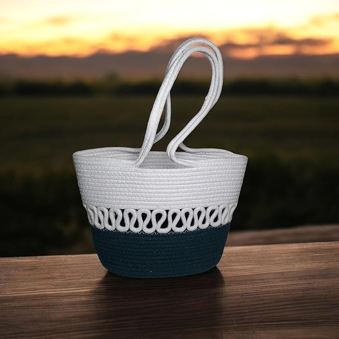 BEAUTIFUL HOMMIES Attractive Hand Bag |large Tote Bag |Summer Bag | Bucket Bag | Basket Bag | Bamboo Tote | Beach Bags for Women|Boho Bag|Handbag |Jute Bag |Handmade Bag (BLUE WHITE)