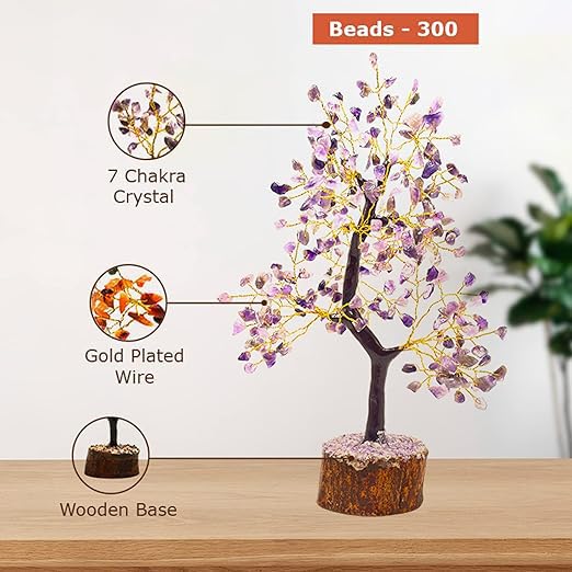 JINALI GEMS ® Amethyst Crystal Gemstone Money Tree Natural Healing for Good Luck, Wealth and Prosperity with Golden Wire 300 Beads, 9-10 Inches