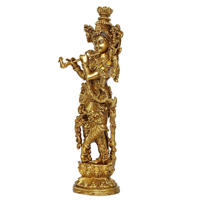 SVARUP Brass Krishna Krishan Murti Idol Statue Sculpture Golden 14 Inches
