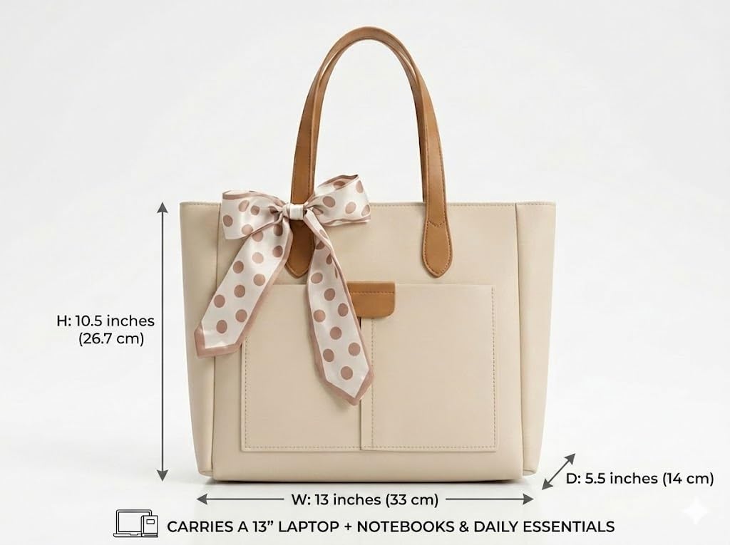 PAVILONN Women Tote Bag PU Leather Handbag Beige | Ladies Shoulder Bag for Women Office College | Large Designer Handbag with Bow Detail, Stylish Daily Use Fashion Bag