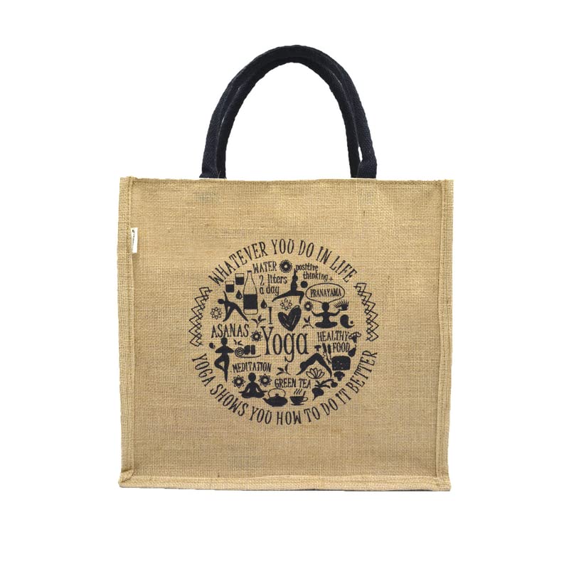 JUTEKA Yoga Print Eco Friendly Jute Bag for Shopping, Lunch, Tiffin, Office, Grocery with Zip Closure and Padded Cotton Handles…