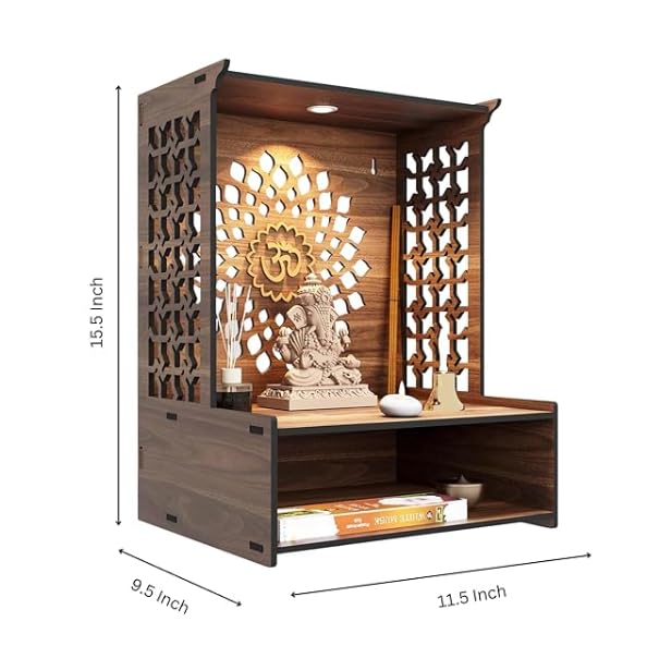Devaāra Wooden Pooja Stand for Home & Office – Wall-Mounted Mandir with LED Spot Light | Compact DIY Temple for Puja Room Decor (H-15.5, L-11.5, W-9.5 Inch)