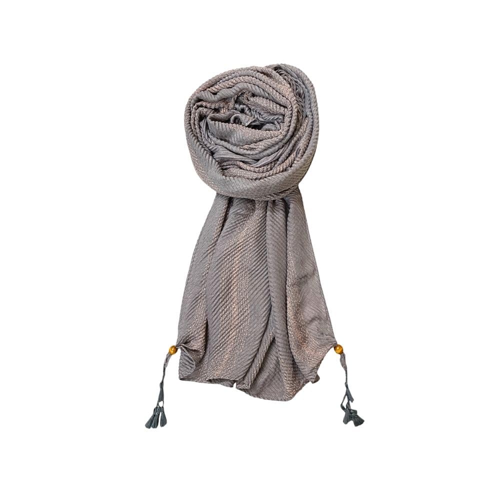 FAHABO Scarf Woman Pleated Stripes Woven Cotton Scarves with Tassels | Hijab Scarf | Headscarf | Neck Scarf | Stoles | Wraps (Grey with Peach Stripes)