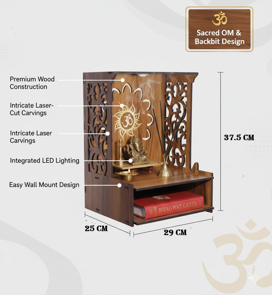 Royal Walnut Finish Wooden Pooja Mandir | Wall Mounted Home Temple with LED Lights & Spacious Storage | Premium Handcrafted Puja Unit (37.5 * 29 * 25 CM) (Large) A3