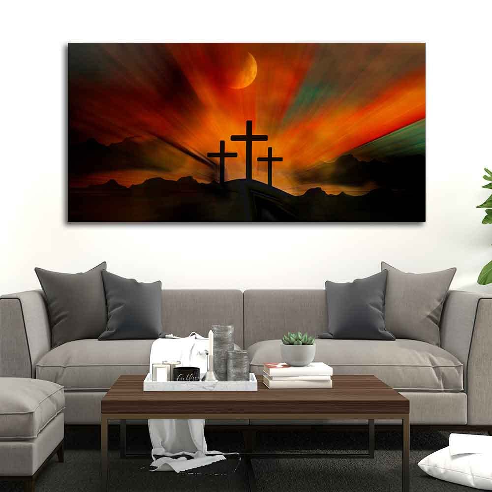VIBECRAFTS Canvas Paintings for Living Room Drawing Room Three Cross Silhoutte Canvas Wall Painting Fitted With Wooden Frame For Home | Office | Living Room | Gifts (PTVCH_2540)